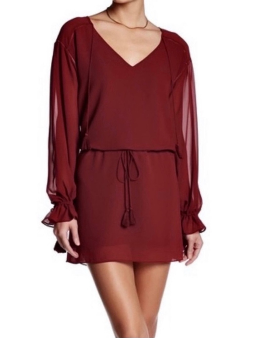HAUTE HIPPIE BURGUNDY V-NECK TASSEL TIE MINI DRESS